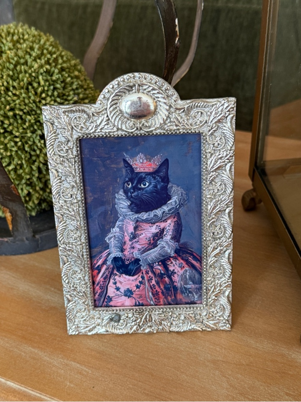 Vintage Ornate Silver Frame with Regal Black Cat Art
